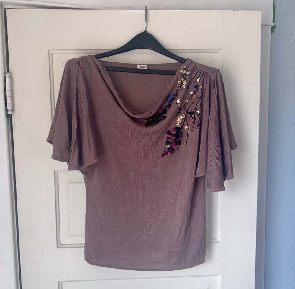 Kenzo Sequin Embellished Silk Blend Cowl Neck Flutter Sleeve Top Brown XL